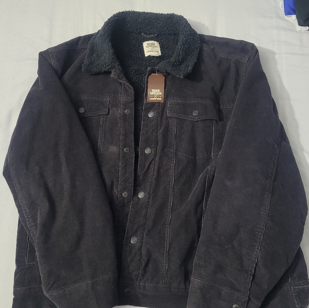 Blake Shelton Lands' End Men's Black Corduroy Trucker Jacket Sherpa Lining NWT